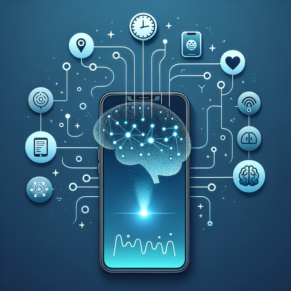 Illustration of digital phenotyping — smartphone sensors passively collecting data streams that flow into a mental health prediction model