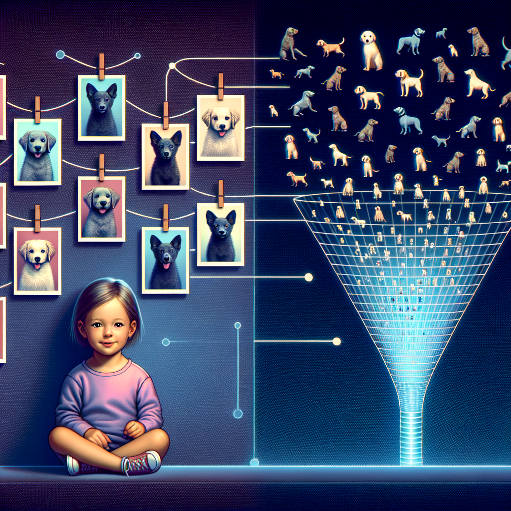 Illustration comparing human few-shot learning from a handful of examples with machine learning requiring thousands of data points