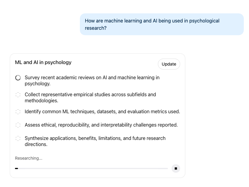 Screenshot of ChatGPT Deep Research investigating how ML and AI are used in psychological research