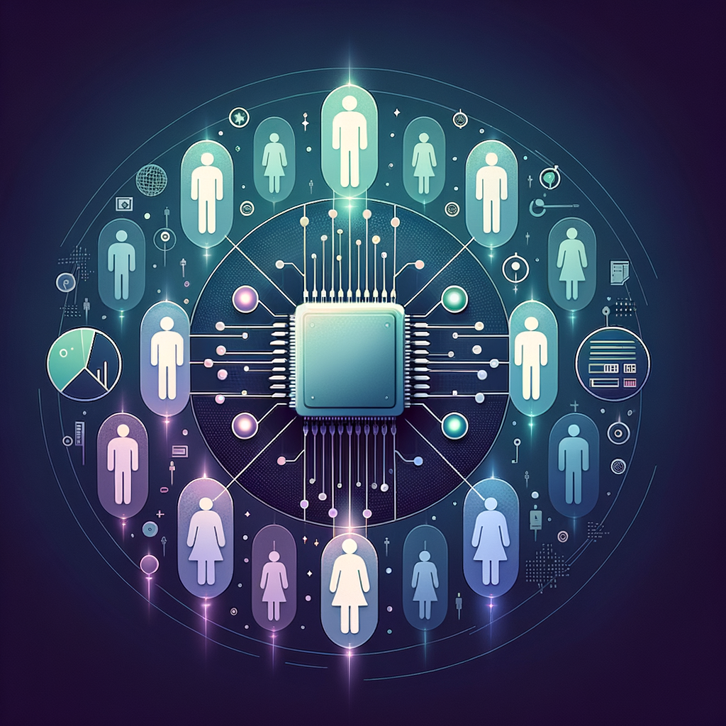 Illustration of an AI chip generating diverse synthetic participant silhouettes representing silicon samples for survey research