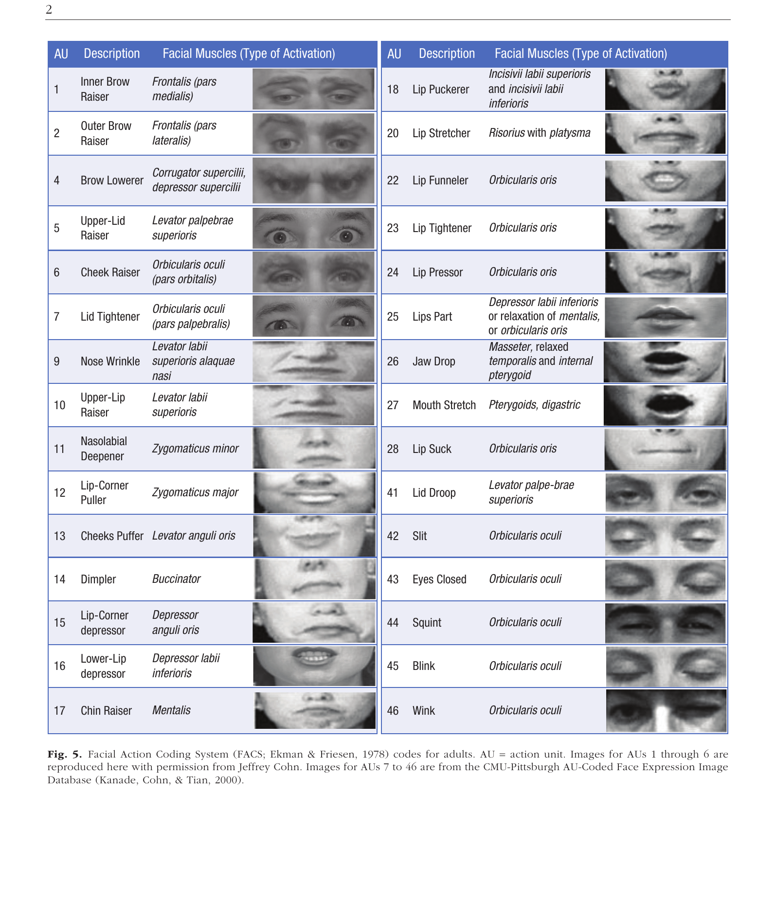 FACS Action Units table from Barrett et al. 2019, Figure 5: each AU (1, 2, 4, 5, 6, etc.) with description, facial muscle, and example photograph